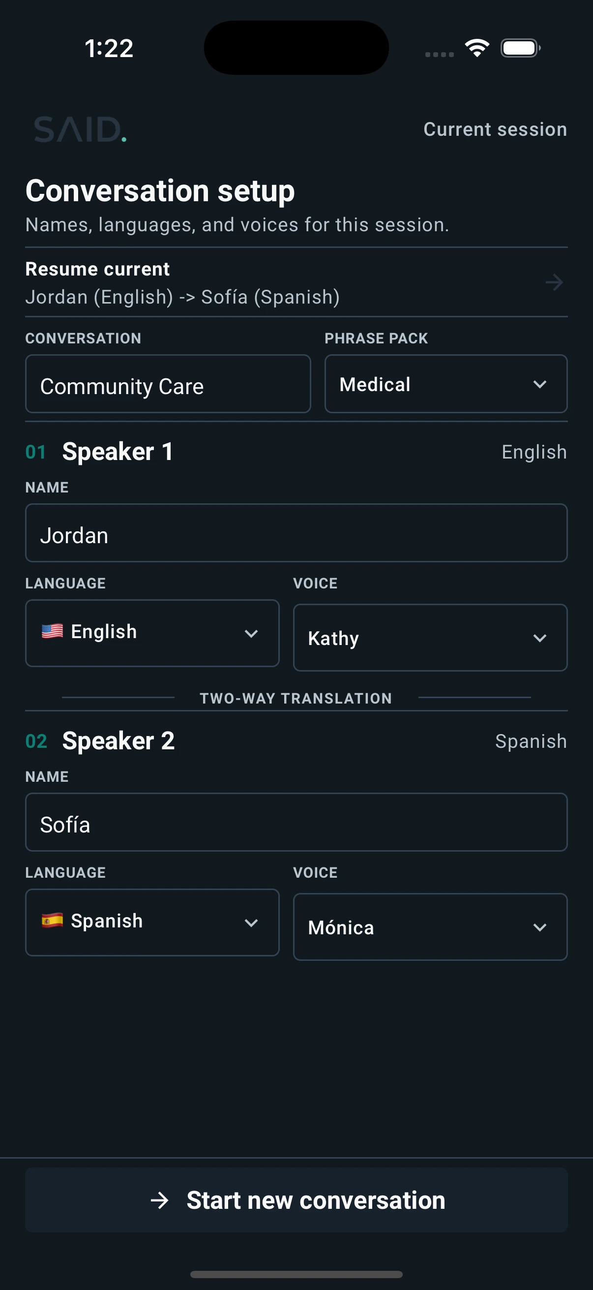 SAID conversation setup — assigning each speaker a language
