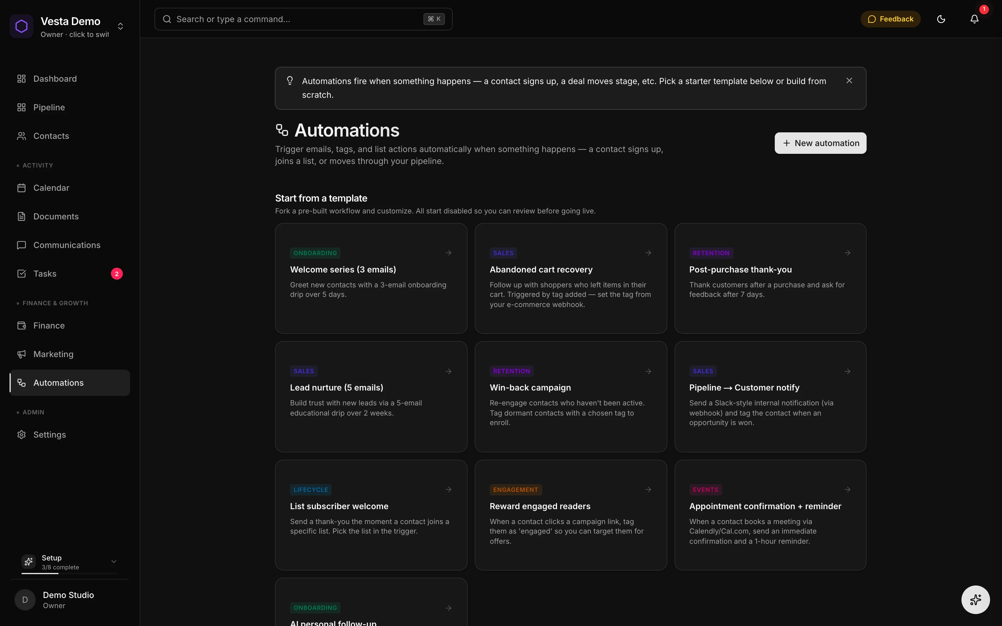 Vesta CRM automation sequences