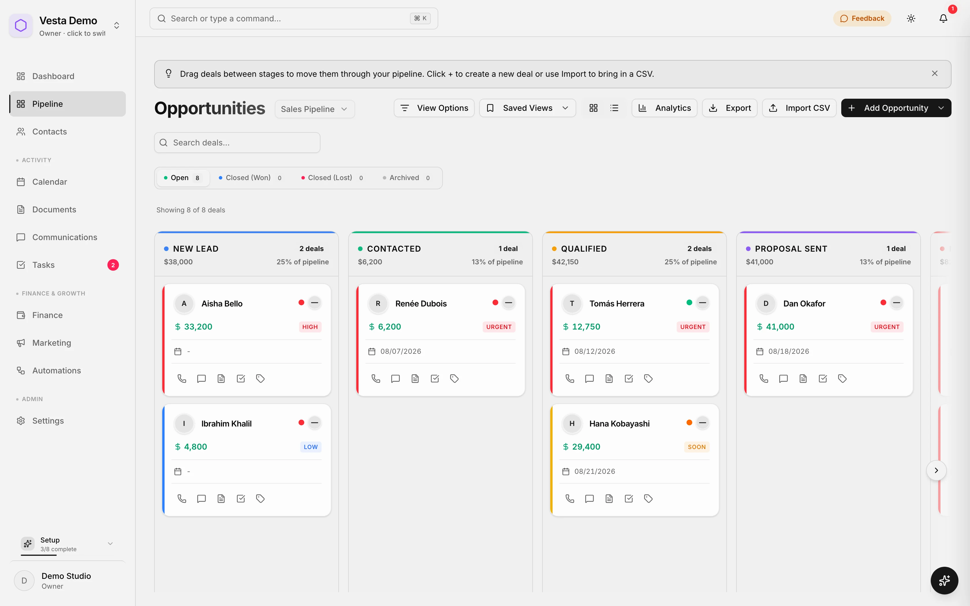 Vesta CRM pipeline, light theme