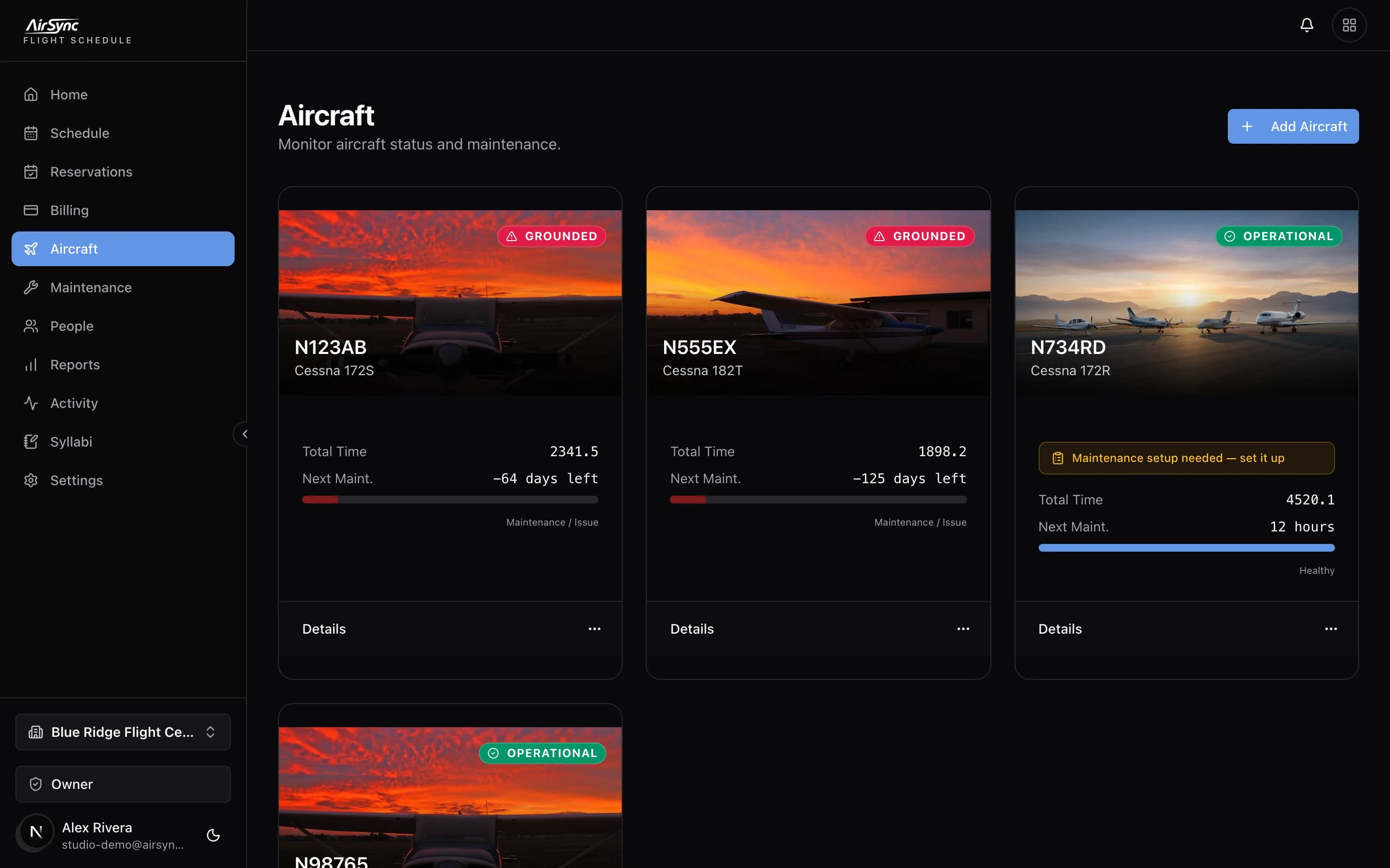AirSync fleet view with per-aircraft airworthiness status
