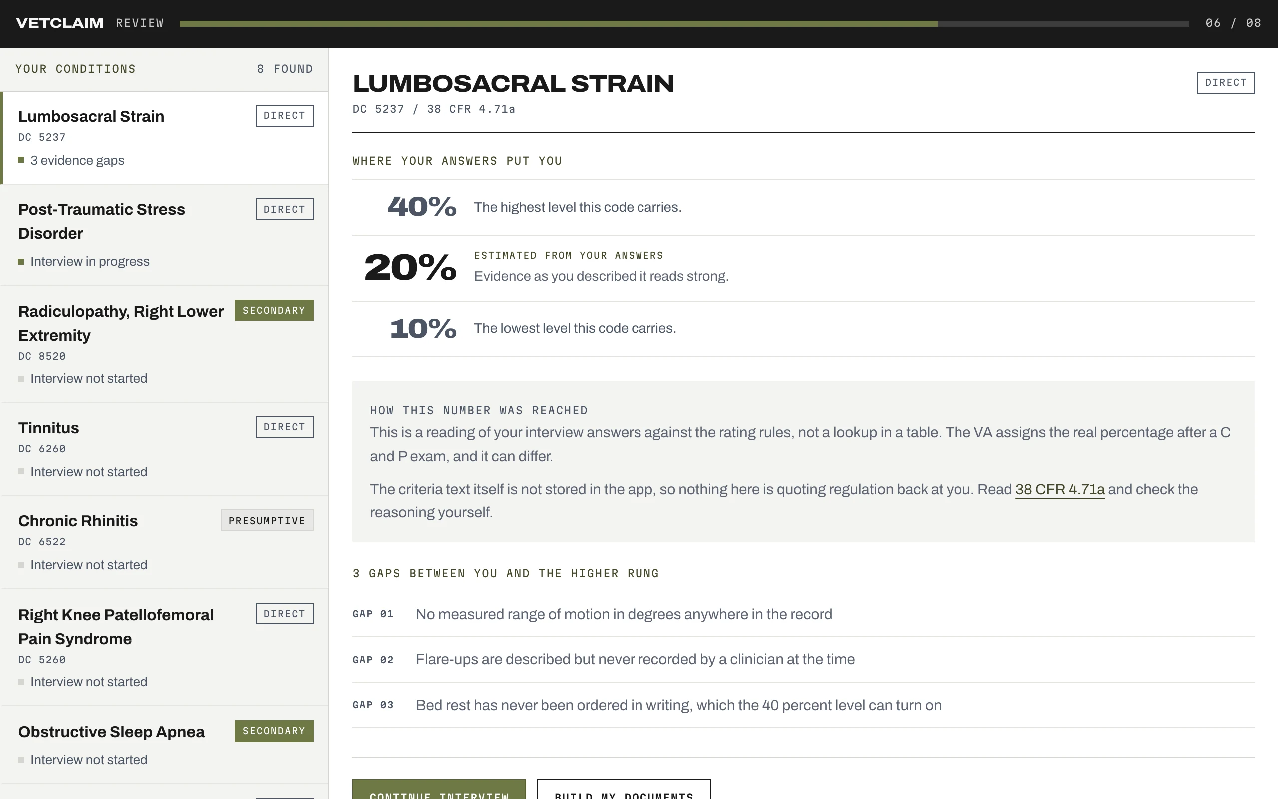 VetClaim Pro review board showing rating estimates and evidence gaps